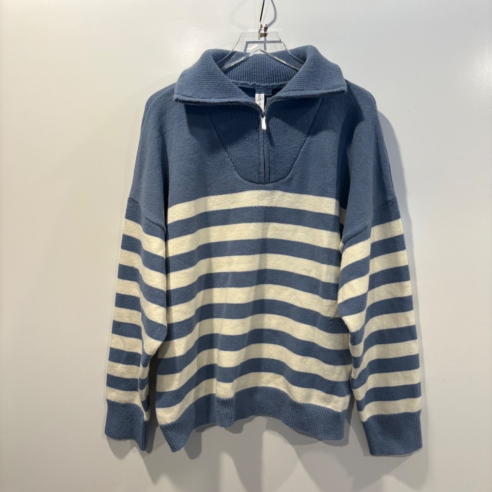 Grace + Karma Blue White Striped Quarter Zip SweaterWomens Plus Size 3X